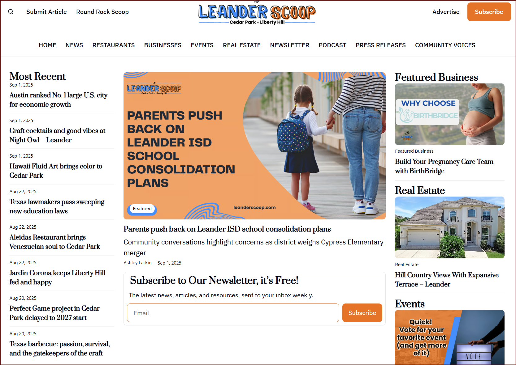 Leander Scoop website homepage showing local news, events, and community content